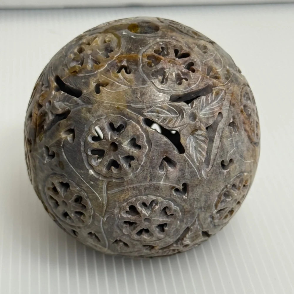 Hand Carved Soap Stone Tea light/Incense holder Orb/Sphere‎ with Base Tribal